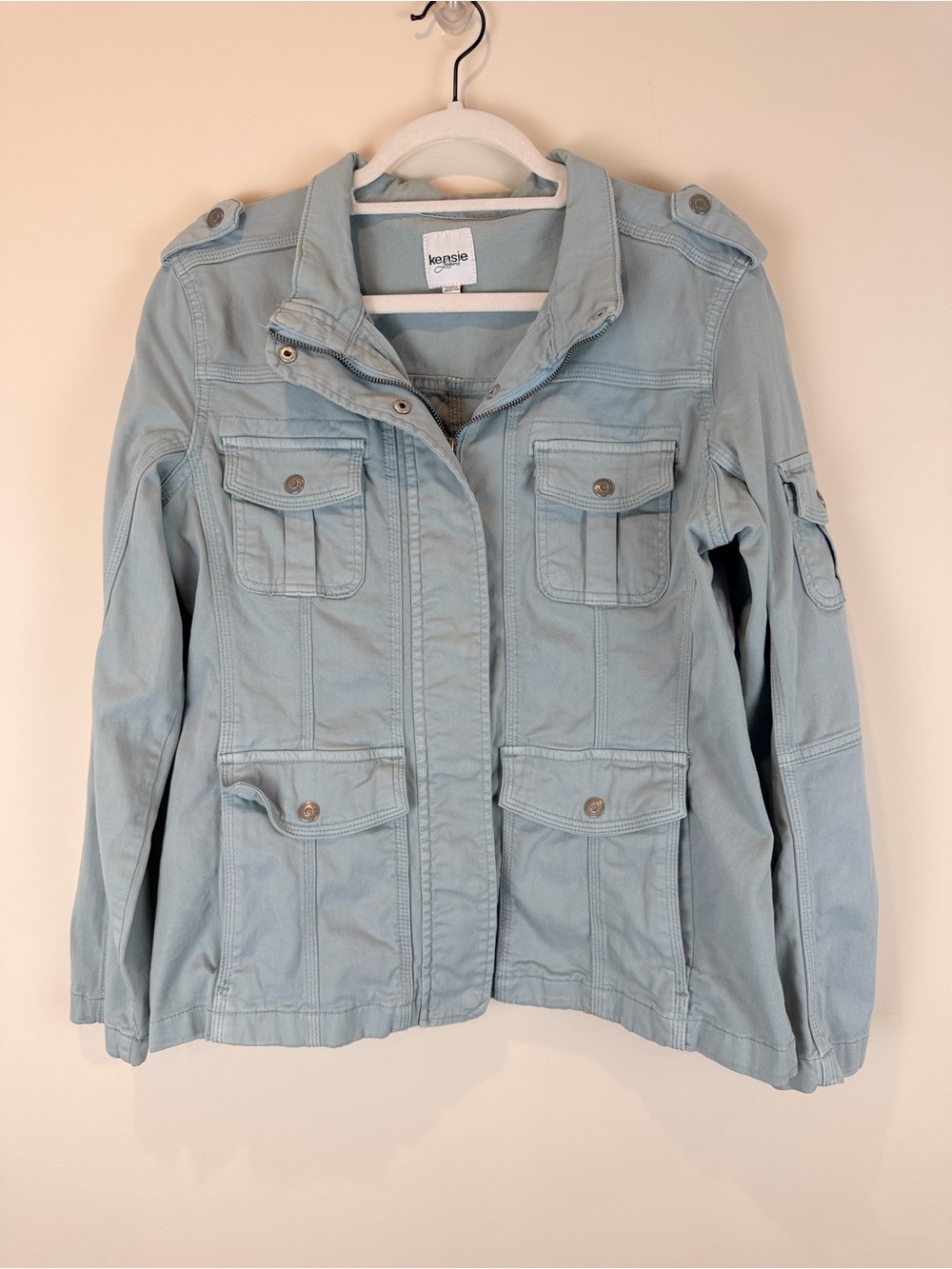 kensie Light Blue Utility Jacket with Multiple Pockets Size Large